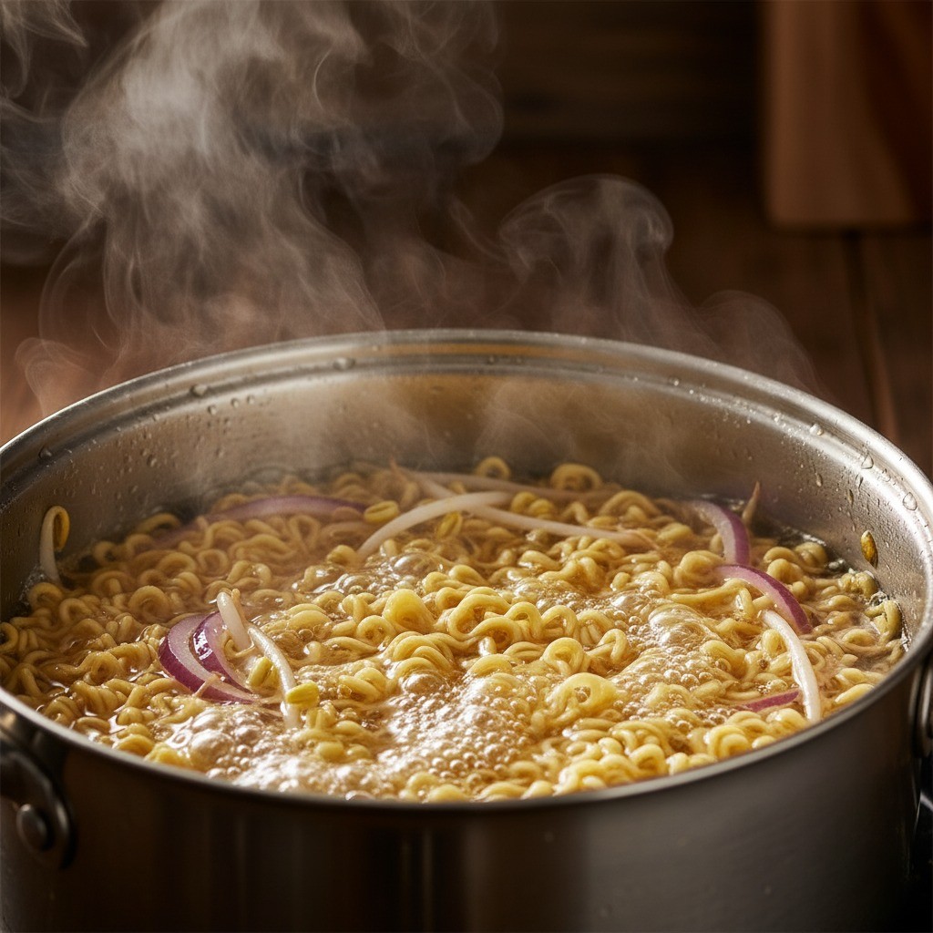 끓는 물에 콩나물, 라면, 건더기스프, 양파를 넣고 함께 끓이는 모습
