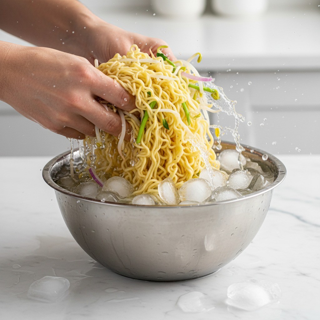 삶은 면과 채소를 얼음이 든 물에 넣고 차갑게 헹구는 모습