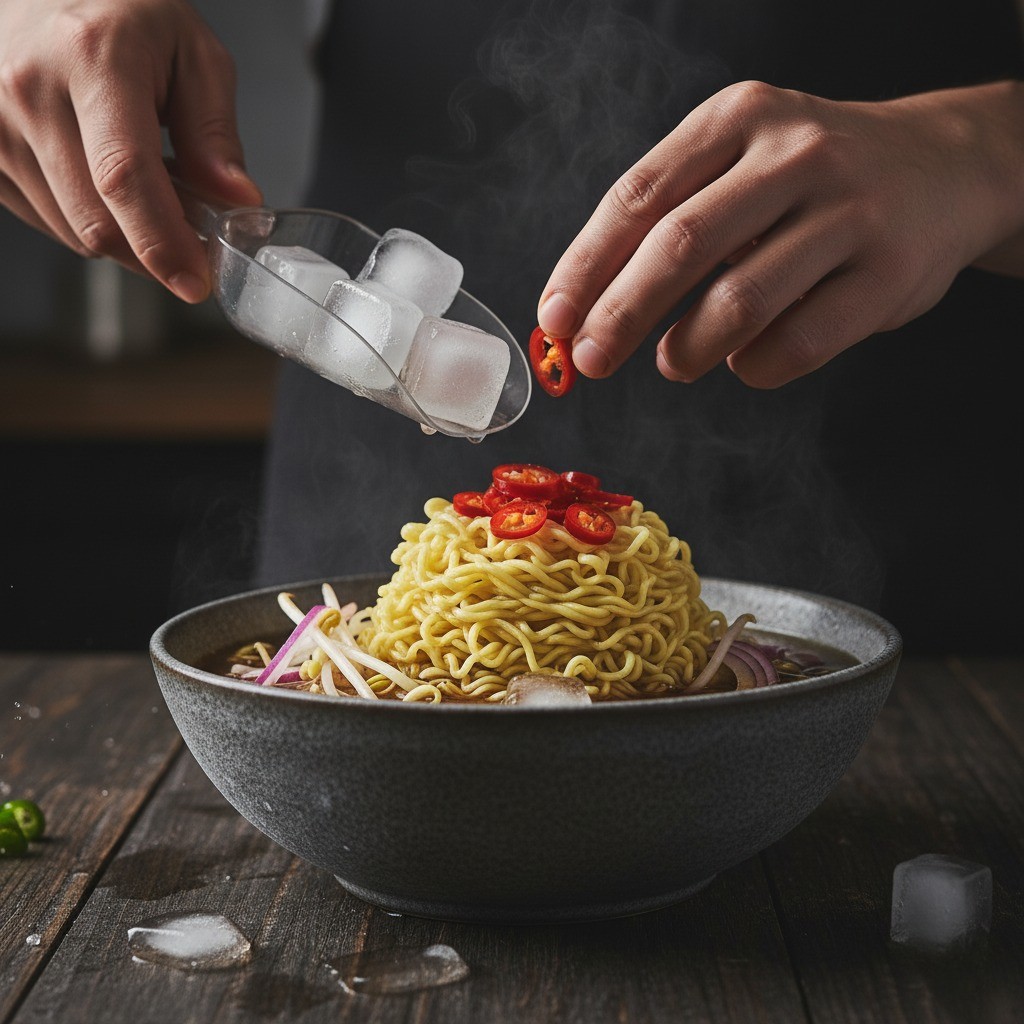 그릇에 담긴 차가운 면과 채소 위에 육수를 붓고 얼음과 청양고추를 올린 완성된 냉라면