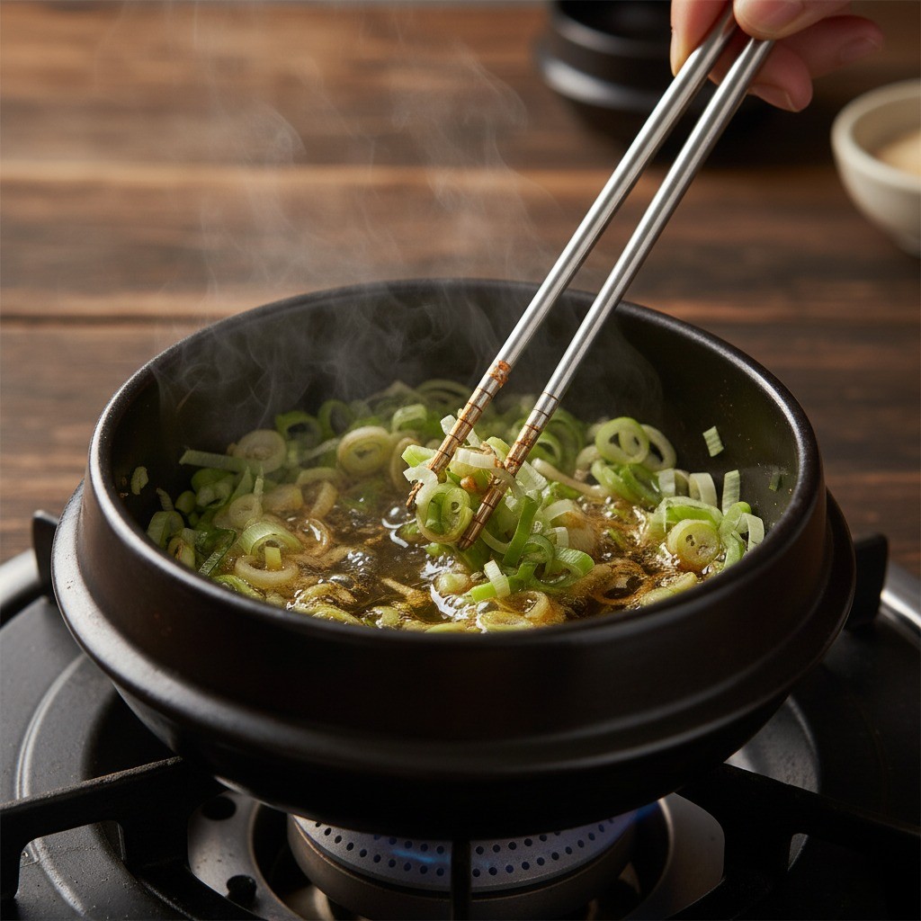 뚝배기에 대파를 볶아 파기름을 내는 모습