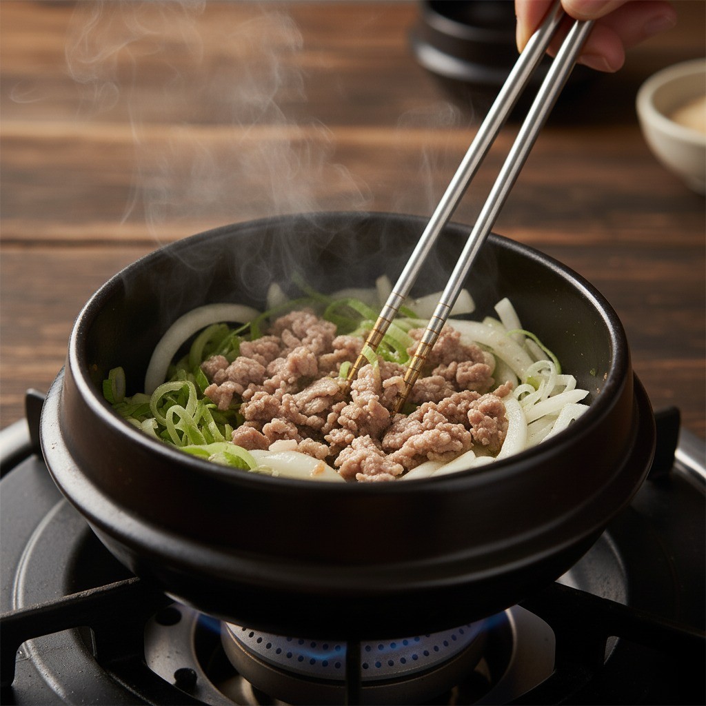 간 돼지고기와 양파를 볶는 모습