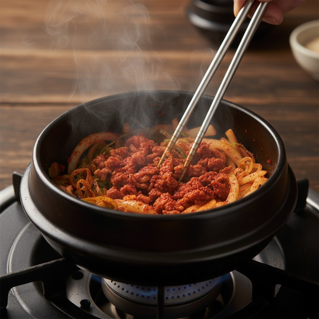 고춧가루를 넣어 고추기름을 내는 모습