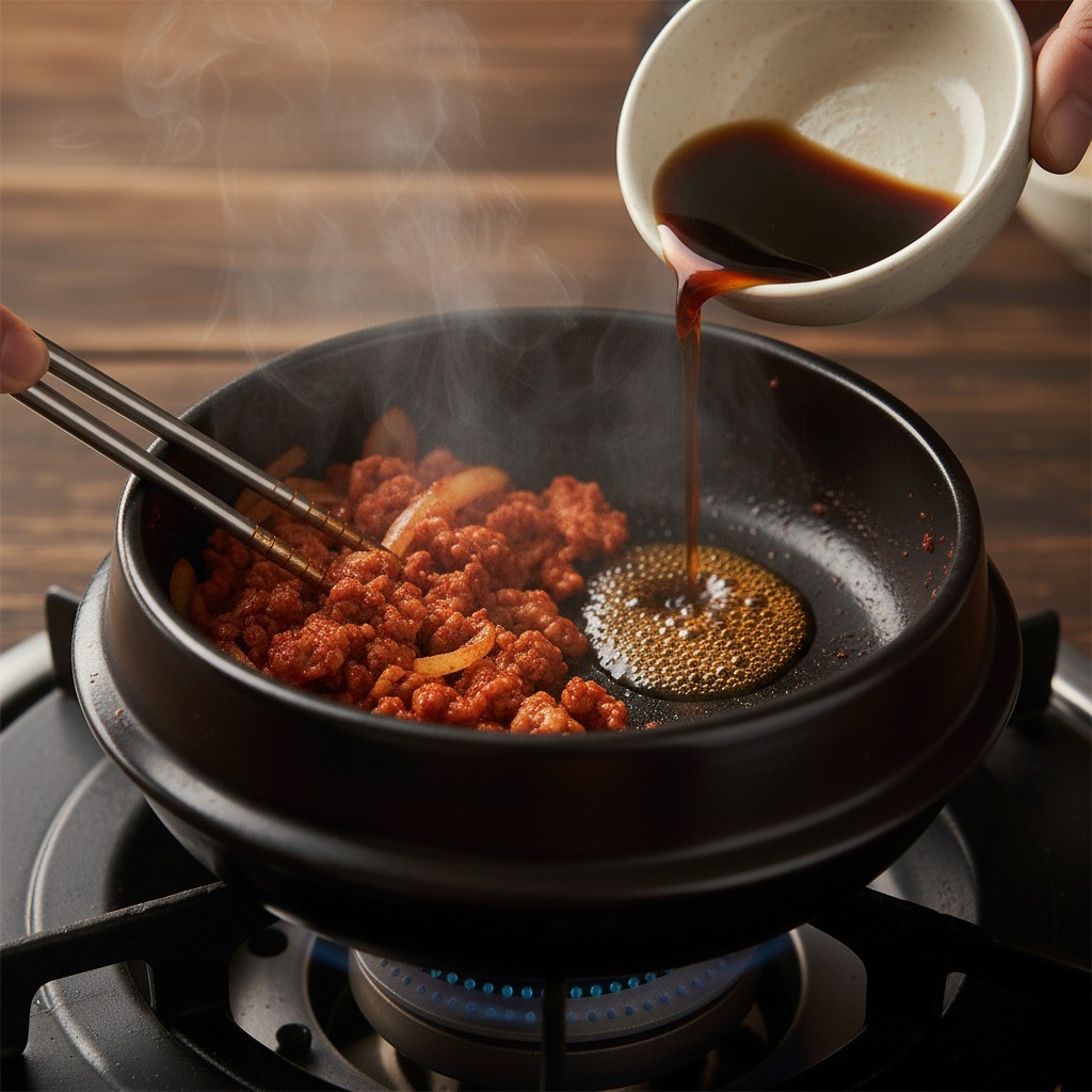 뚝배기 가장자리에 간장을 부어 향을 내는 모습