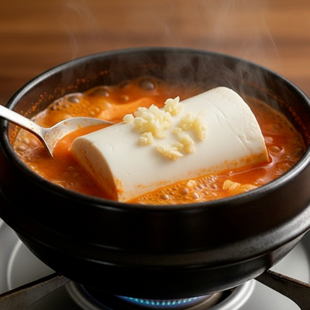 끓기 전 국물에 순두부를 넣고 으깨는 모습