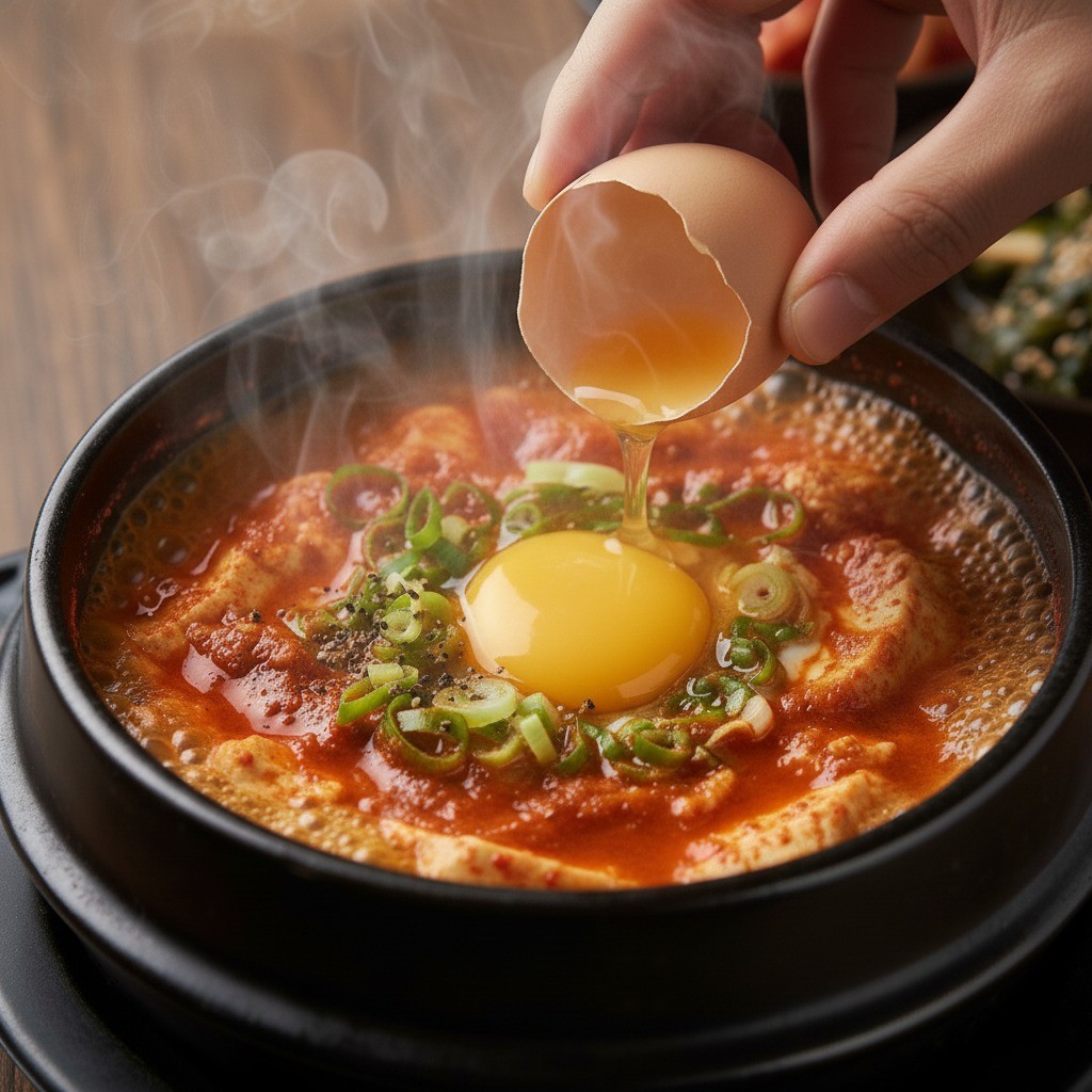 보글보글 끓는 순두부찌개 가운데에 계란을 넣는 모습