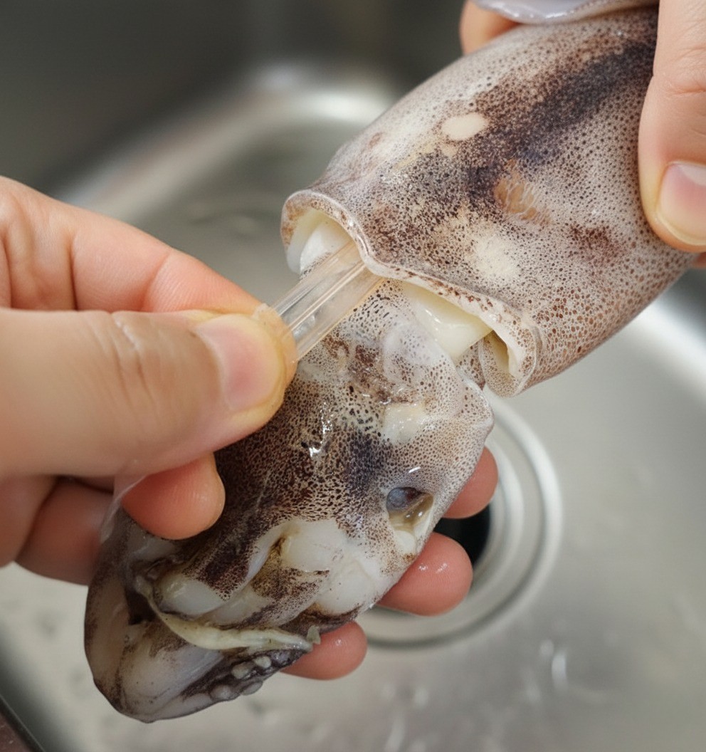 오징어 몸통에서 내장을 통으로 분리하는 모습