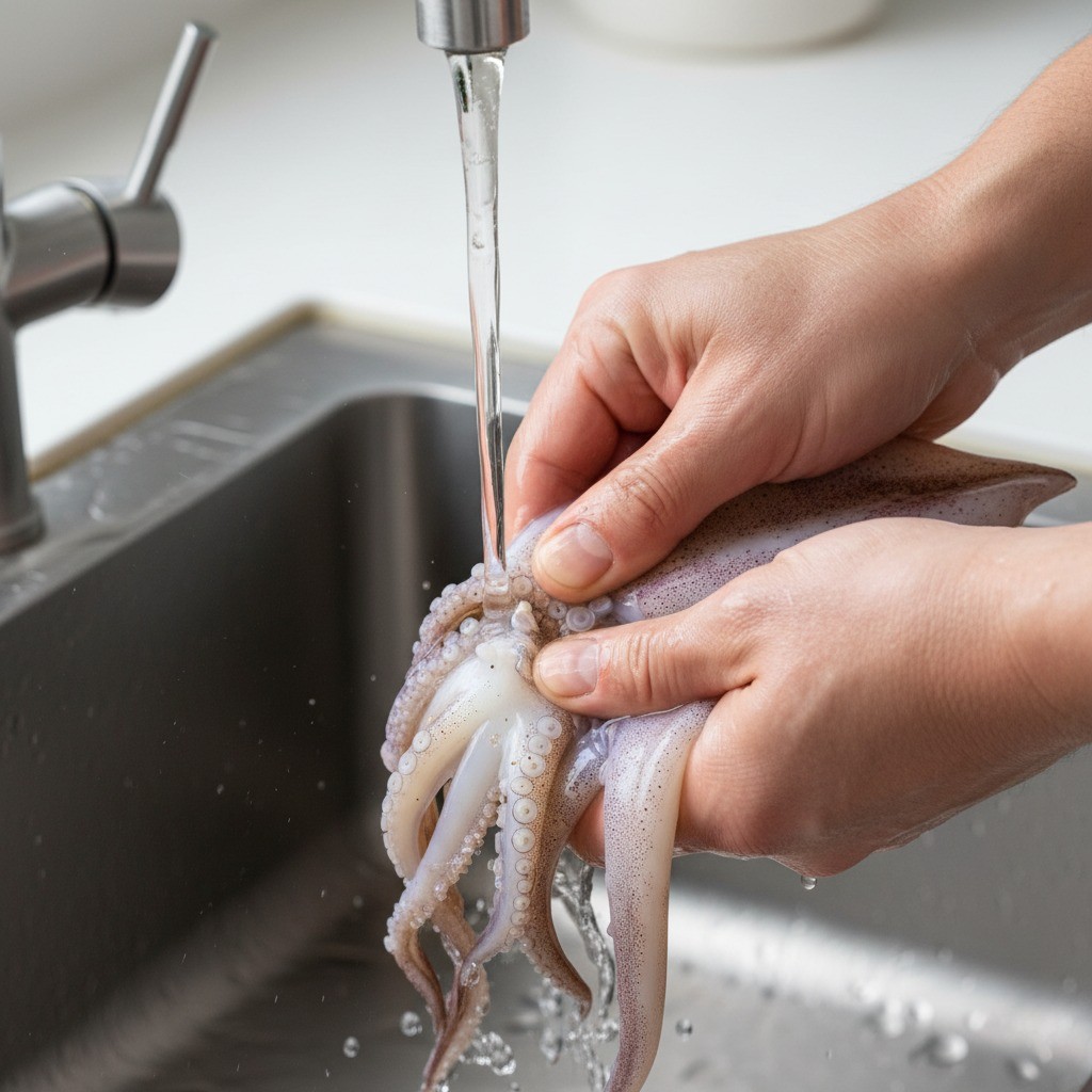 오징어 다리 빨판을 손으로 문질러 세척하는 모습