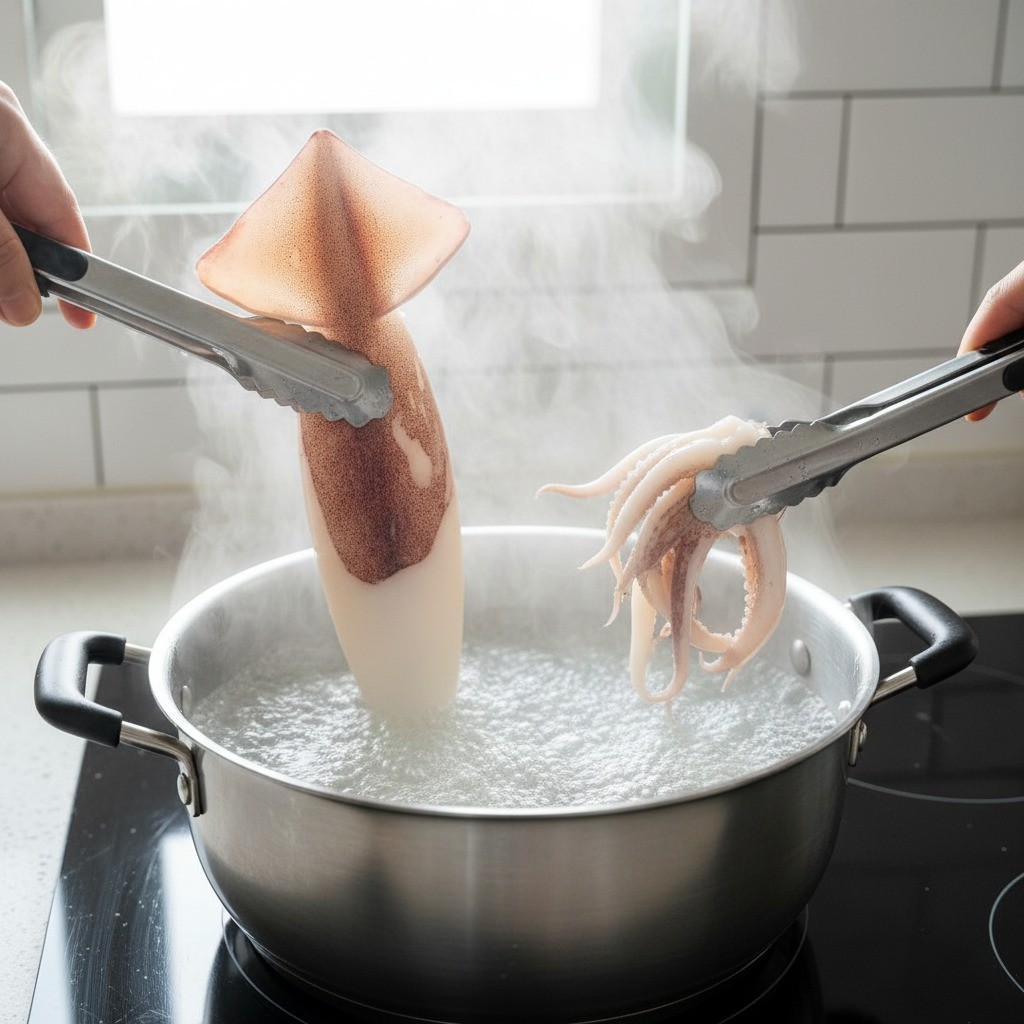 끓는 물에 통 오징어를 넣어 데치는 모습