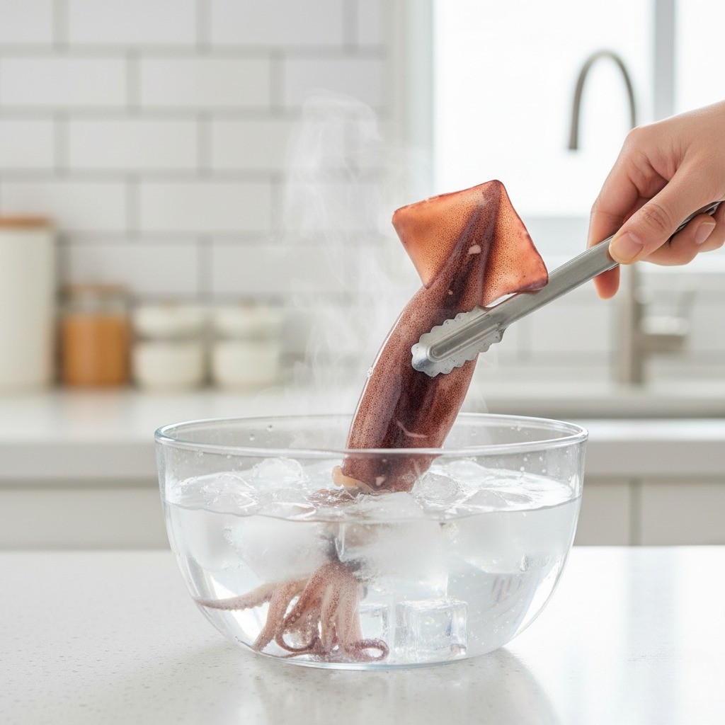 데친 오징어를 얼음물에 담가 식히는 모습