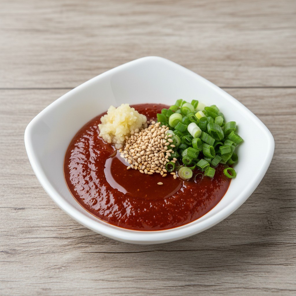 초장 종지에 간 마늘과 참기름을 따로 올리는 모습