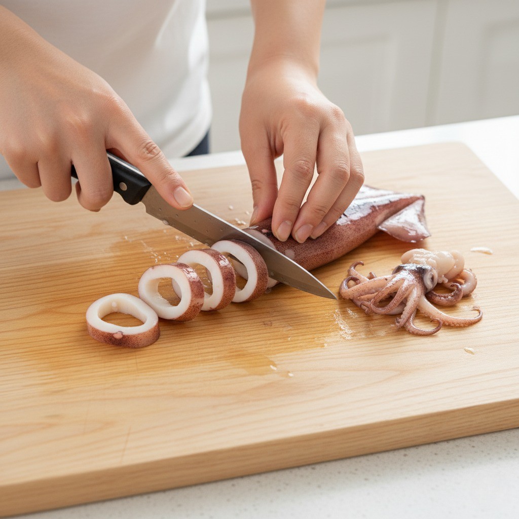 링으로 썬 오징어 숙회를 접시에 예쁘게 플레이팅한 모습