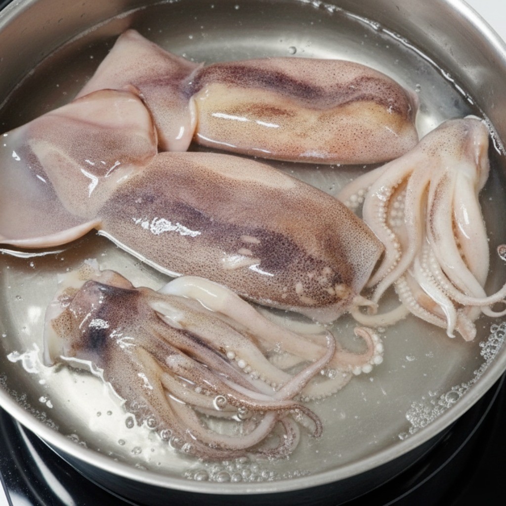 끓는 물에 오징어를 데치는 장면