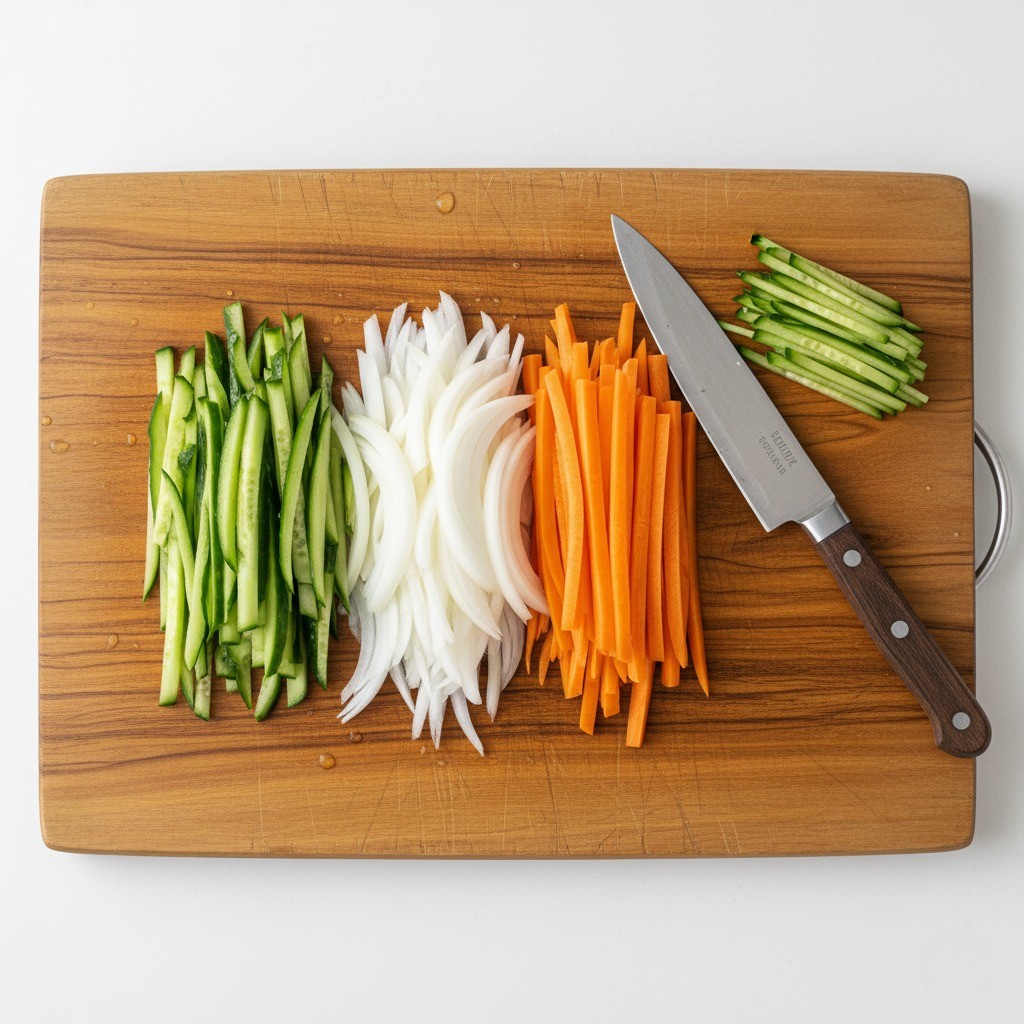 오이, 양파, 당근을 채 썰어 놓은 모습