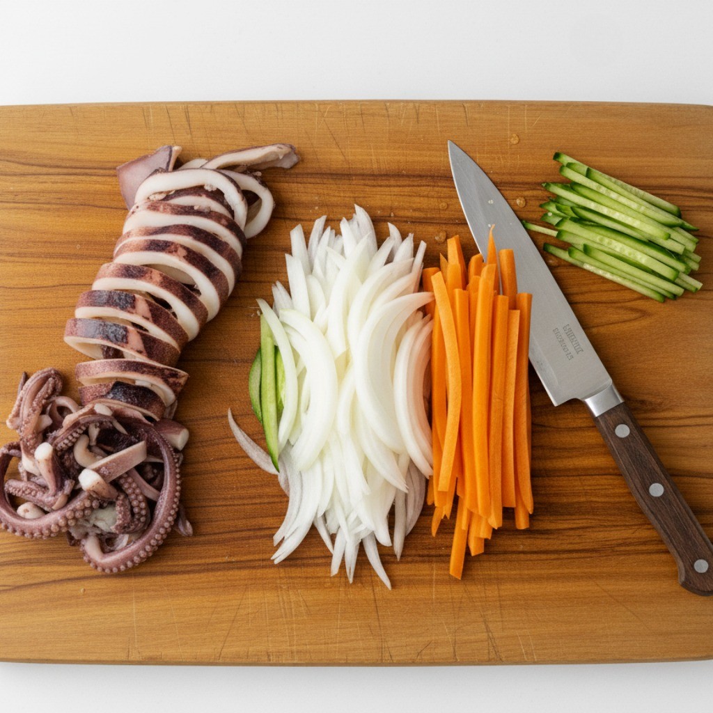 식힌 오징어를 먹기 좋게 써는 장면