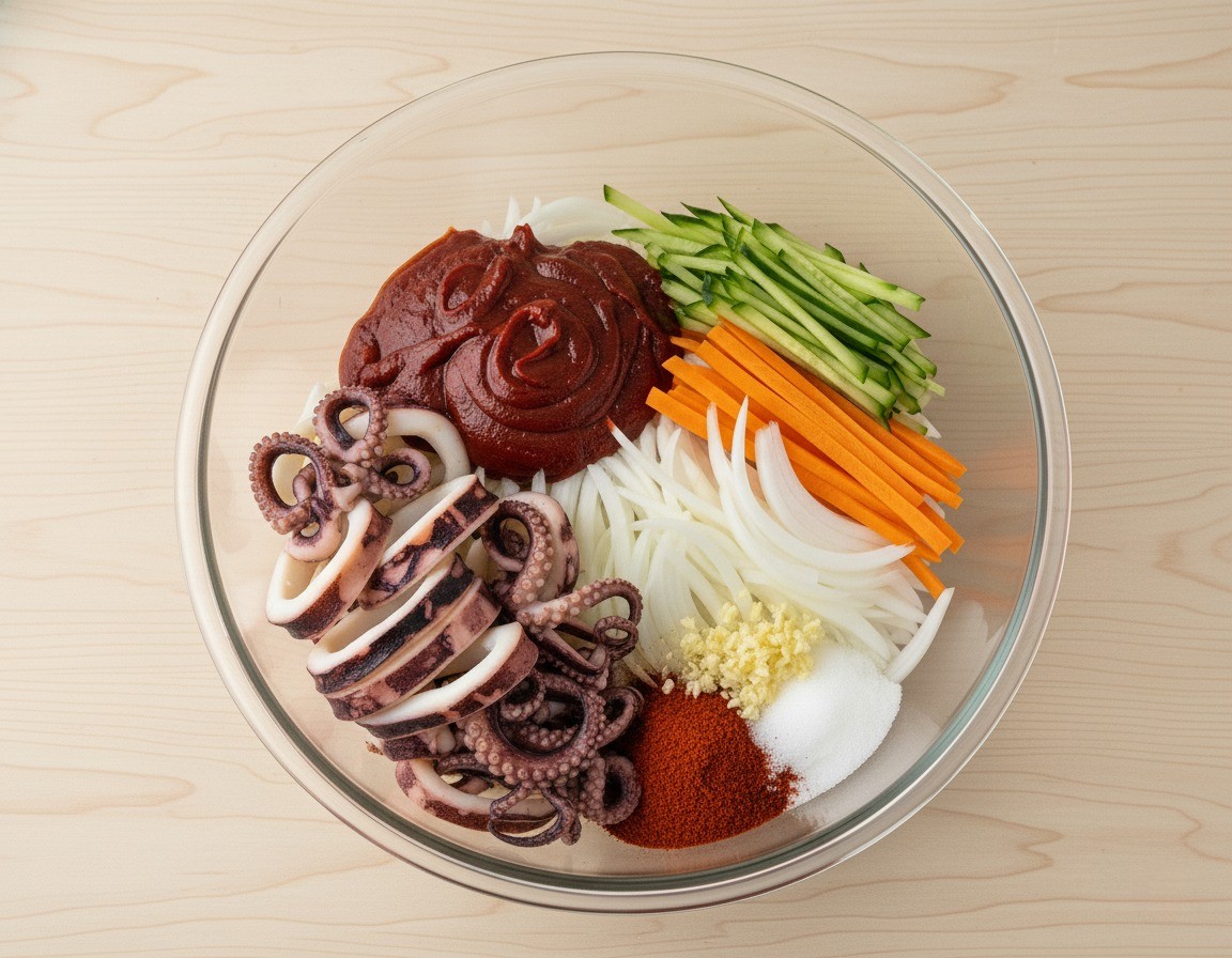 볼에 오징어, 채소, 양념을 모두 넣은 모습