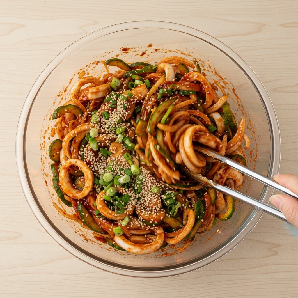 쪽파, 깨소금, 참기름을 넣고 완성된 오징어 초무침