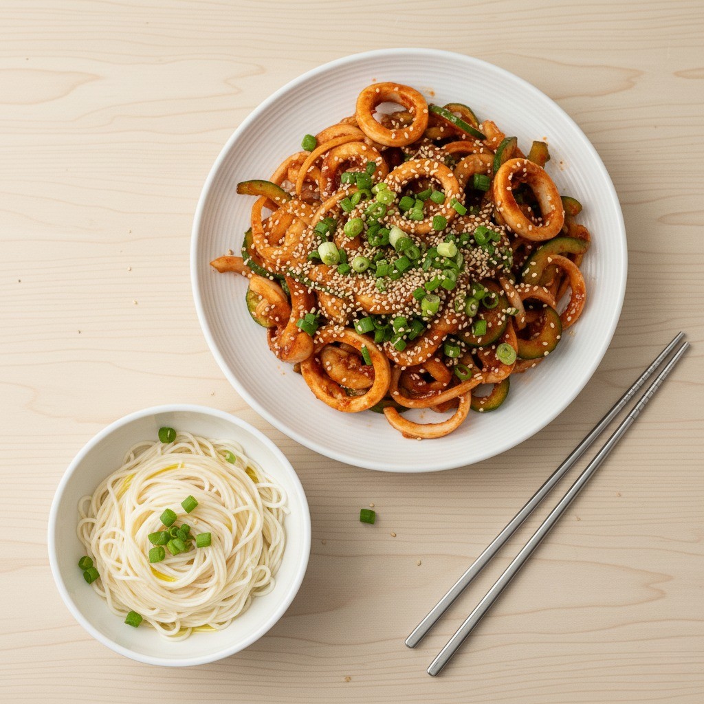 오징어 초무침 옆에 소면을 예쁘게 담아낸 모습