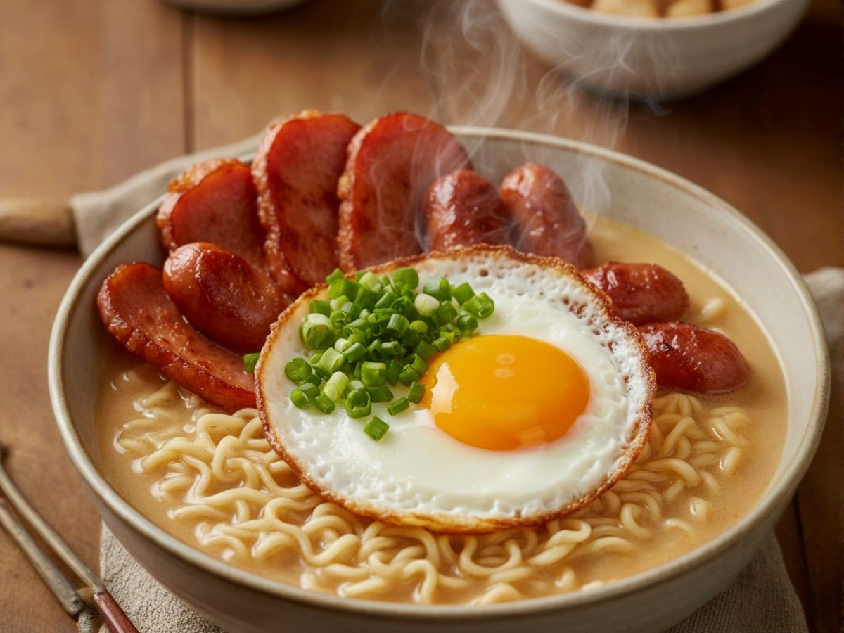 햄과 계란이 올라간 먹음직스러운 순딩이라면 완성