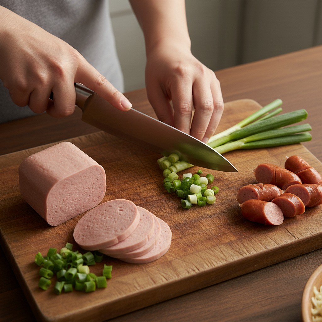 대파와 햄, 소시지를 써는 모습