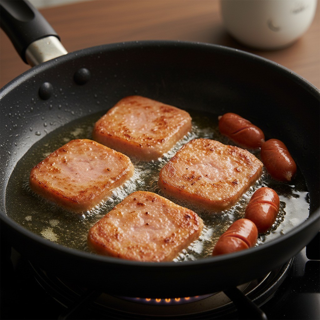 기름에 햄과 소시지를 바싹 튀기는 모습