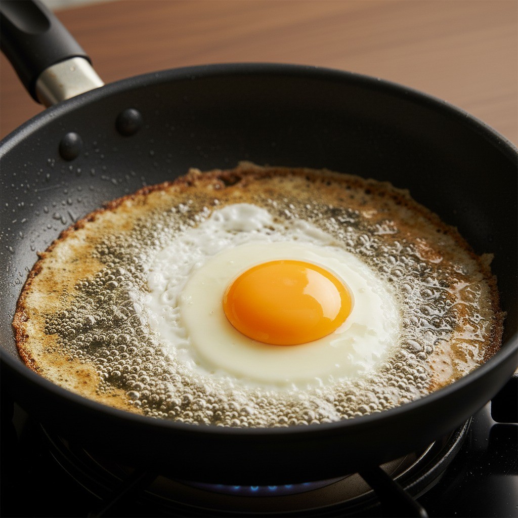 기름에 바삭하게 튀겨지는 달걀 프라이