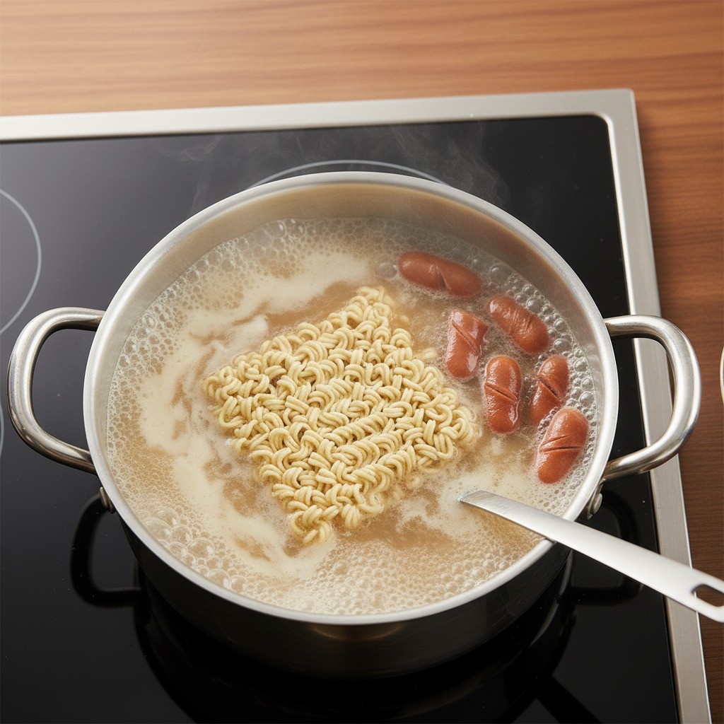끓는 라면에 면과 튀긴 햄, 소시지를 넣는 모습