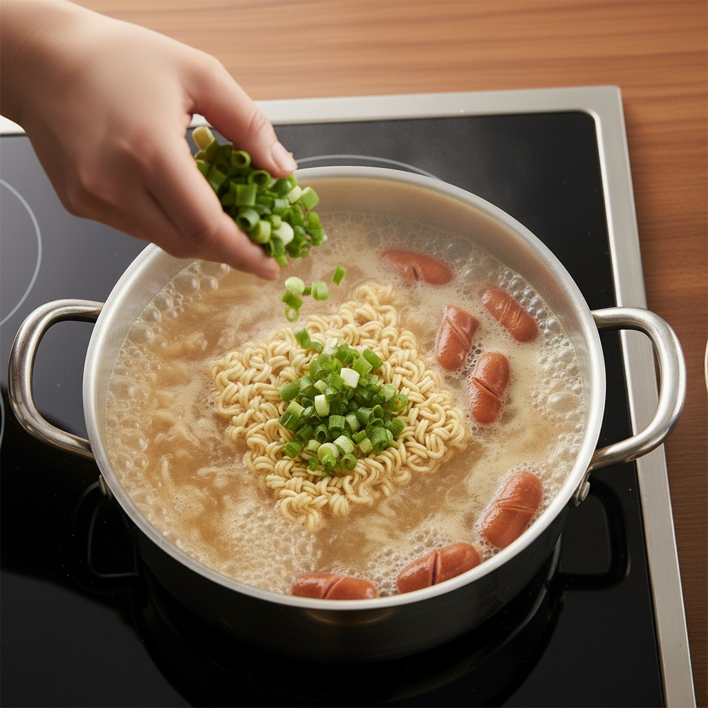 라면에 대파를 넣어 마무리하는 모습