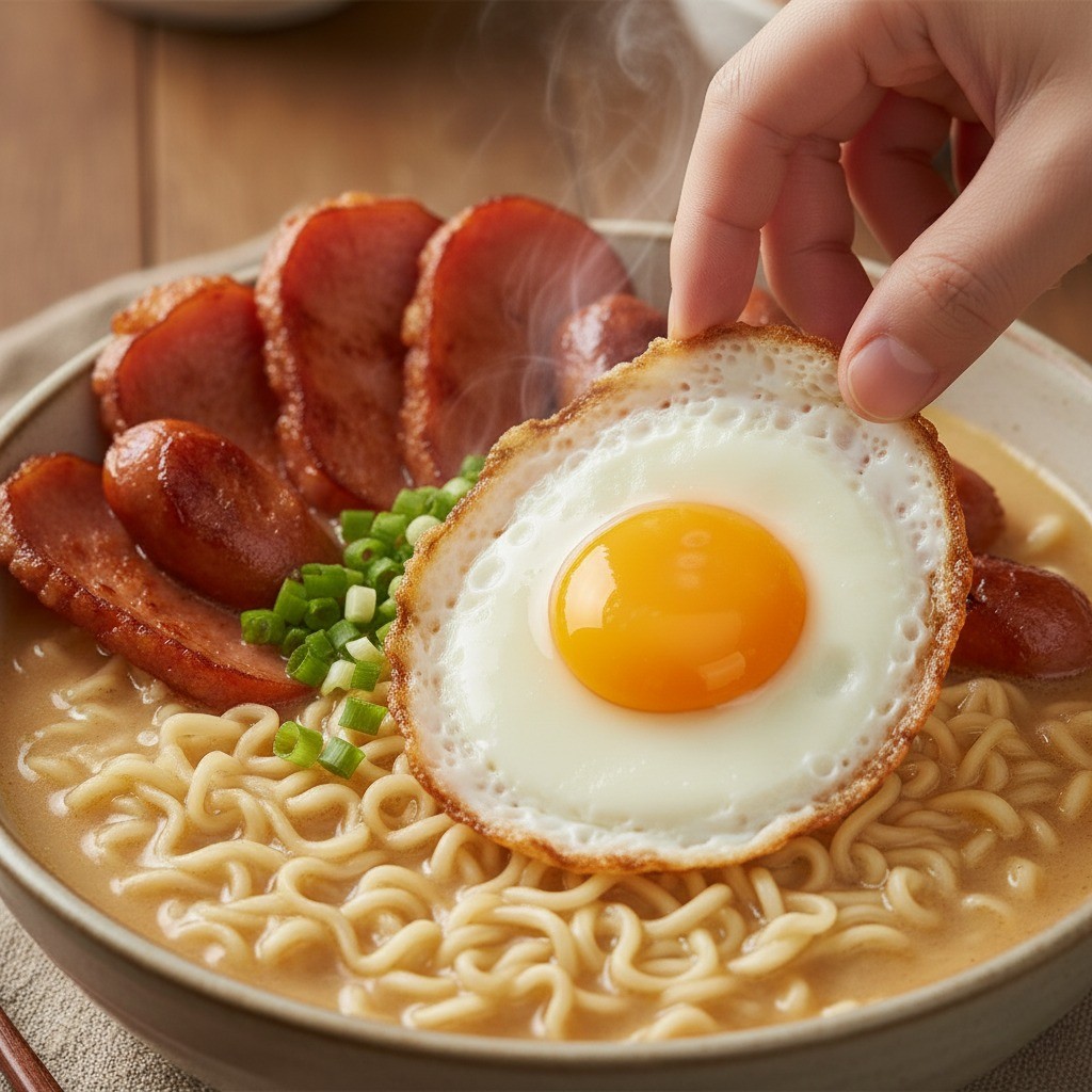 완성된 순딩이라면 그릇에 달걀 프라이를 올리는 모습