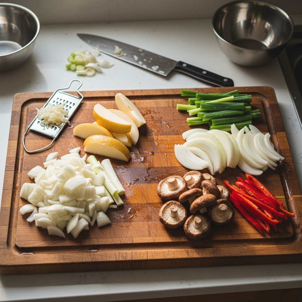 소불고기 재료 손질 (배, 양파, 대파, 버섯, 홍고추)