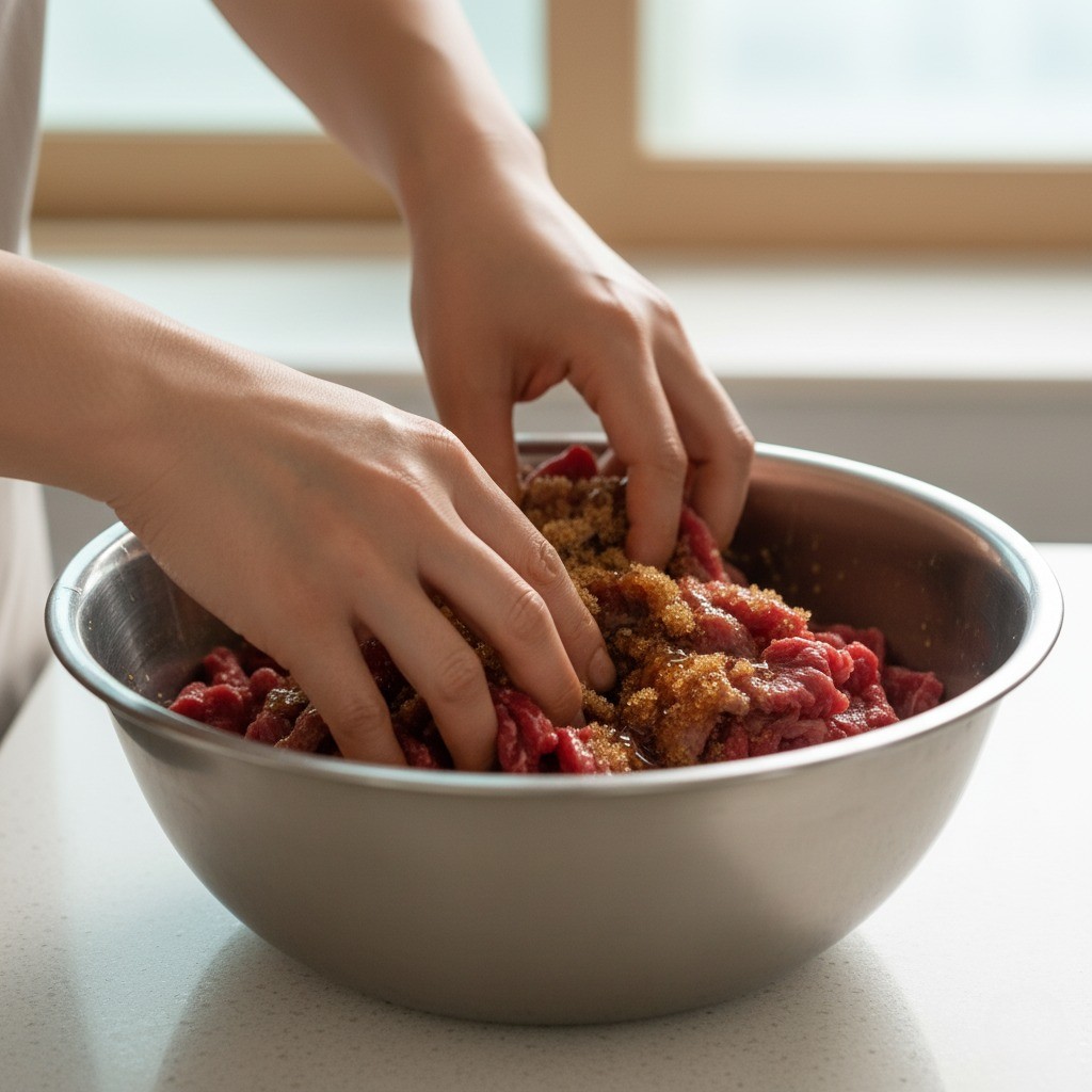 소고기에 설탕, 물엿 넣고 무치기