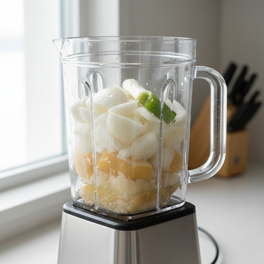 믹서기에 배, 양파, 대파 갈기