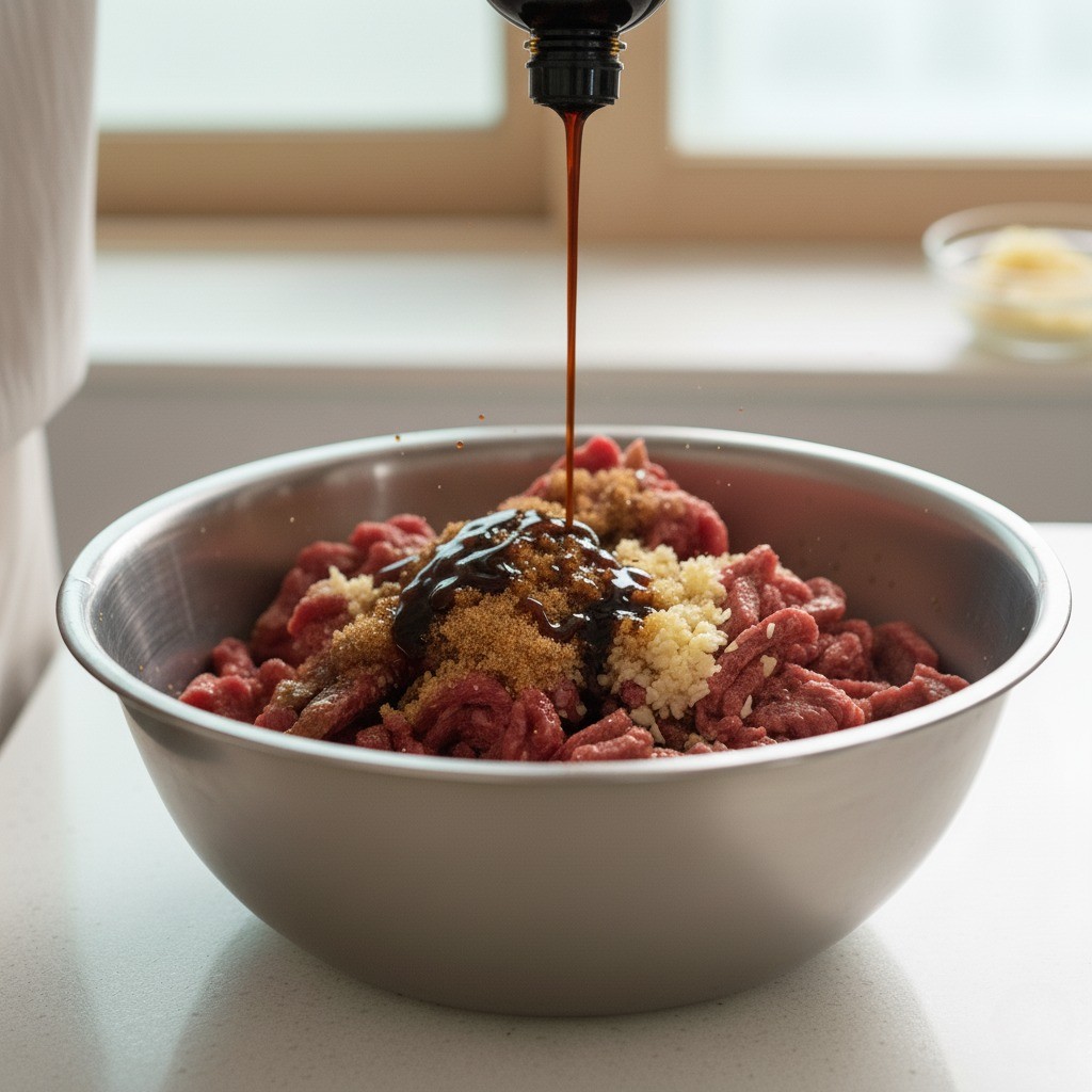 재운 고기에 간장, 다진마늘 넣기