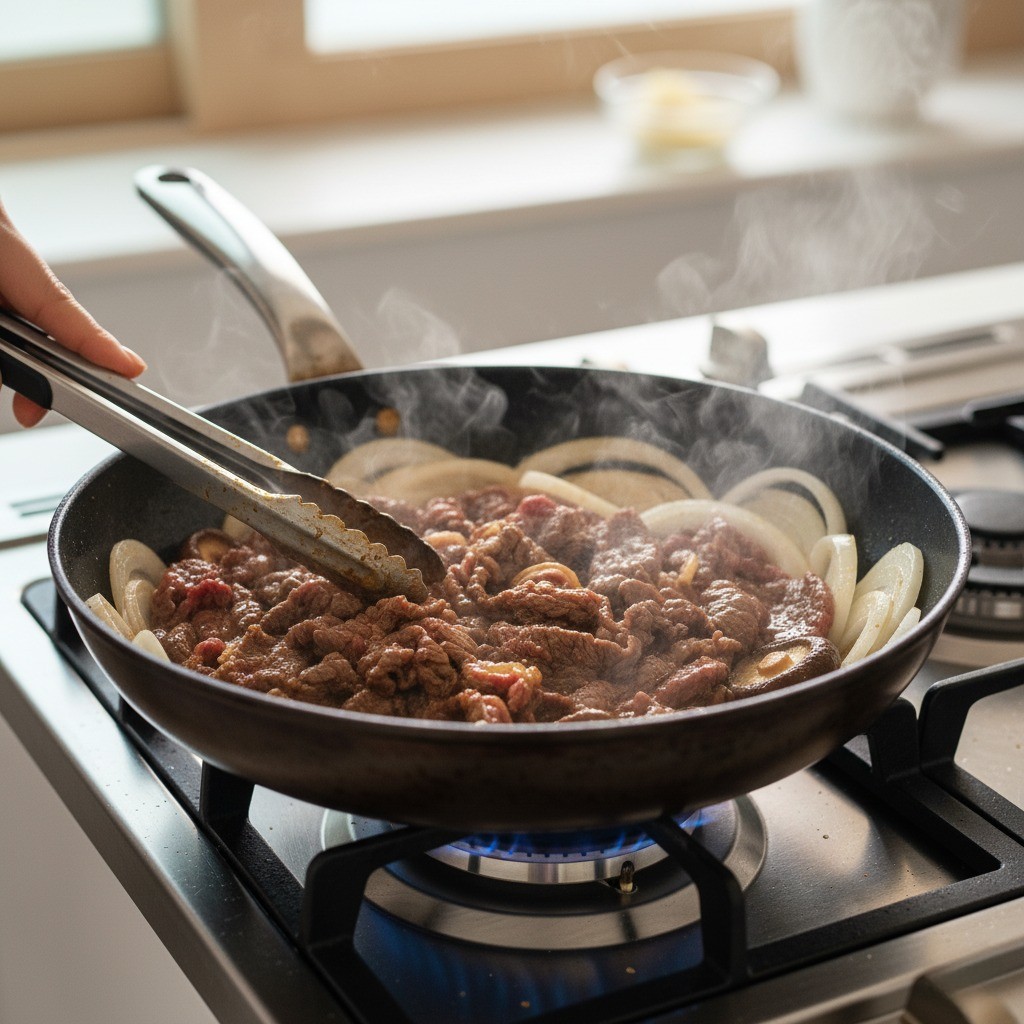 팬에서 소불고기와 버섯, 양파 볶기