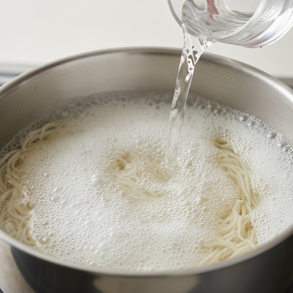 끓는 물에 소면을 삶으며 찬물을 붓는 모습