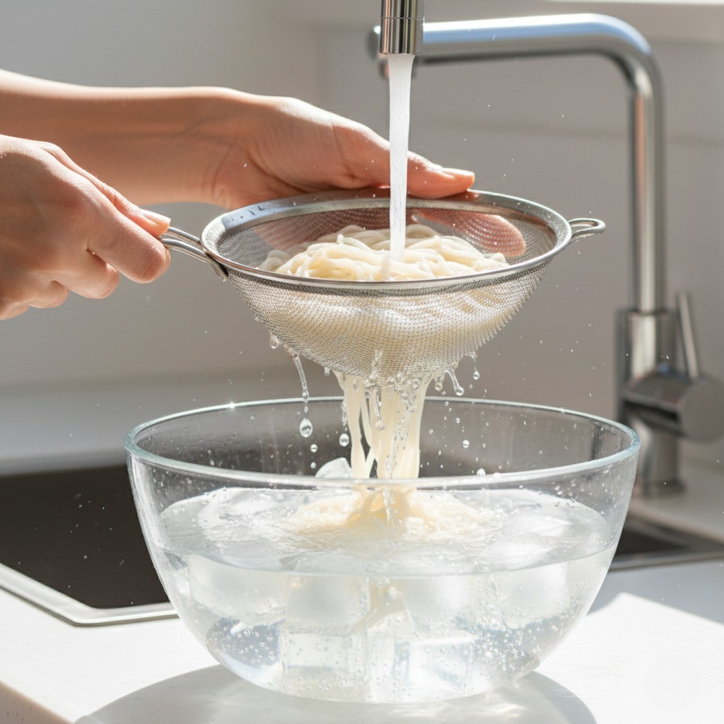 삶은 소면을 얼음물에 헹구는 모습