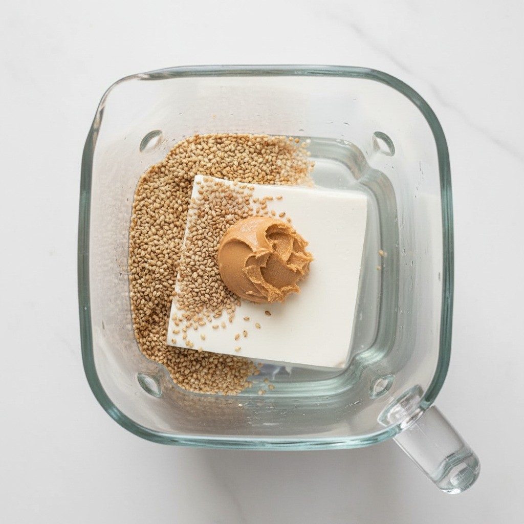 믹서기에 두부, 깨, 땅콩버터, 물을 넣는 모습