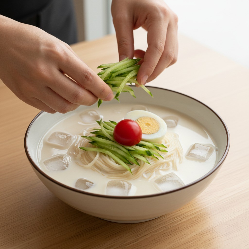 완성된 콩국수에 오이 고명을 올리는 모습