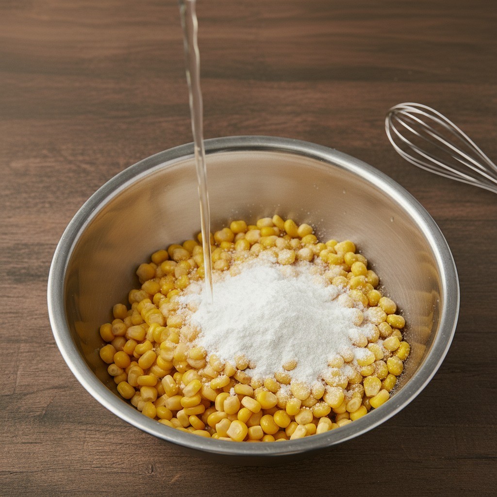 체에 밭쳐 물기를 빼는 캔 옥수수