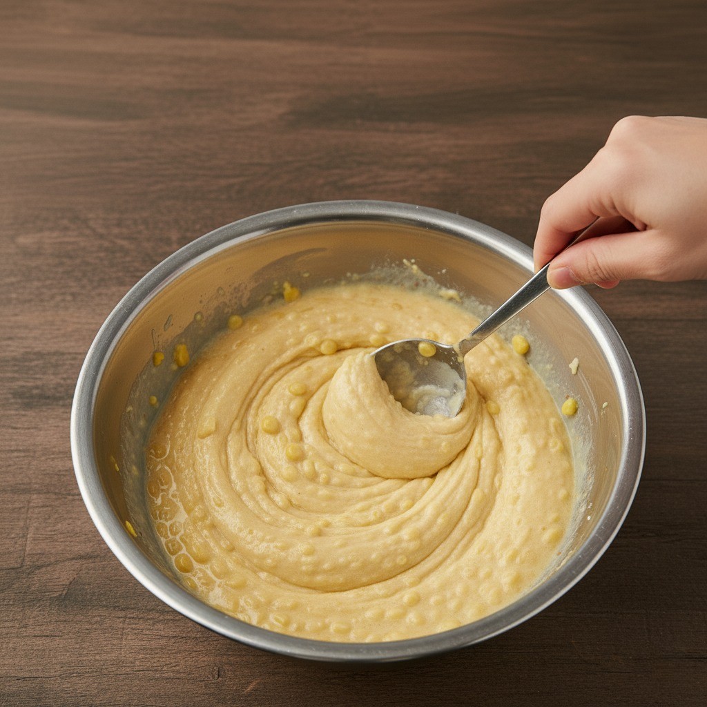 옥수수에 튀김가루를 넣고 섞는 모습