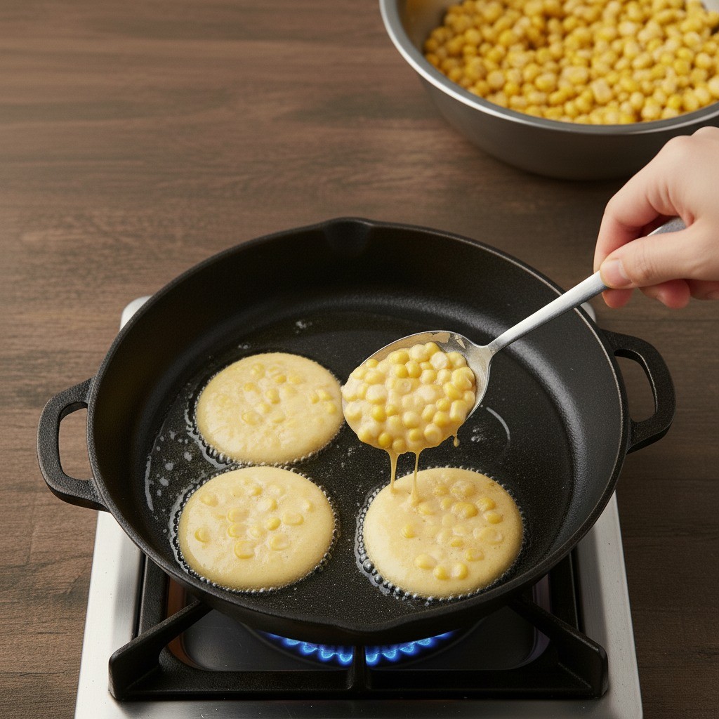 기름을 넉넉히 두른 팬에 옥수수 반죽을 올리는 모습