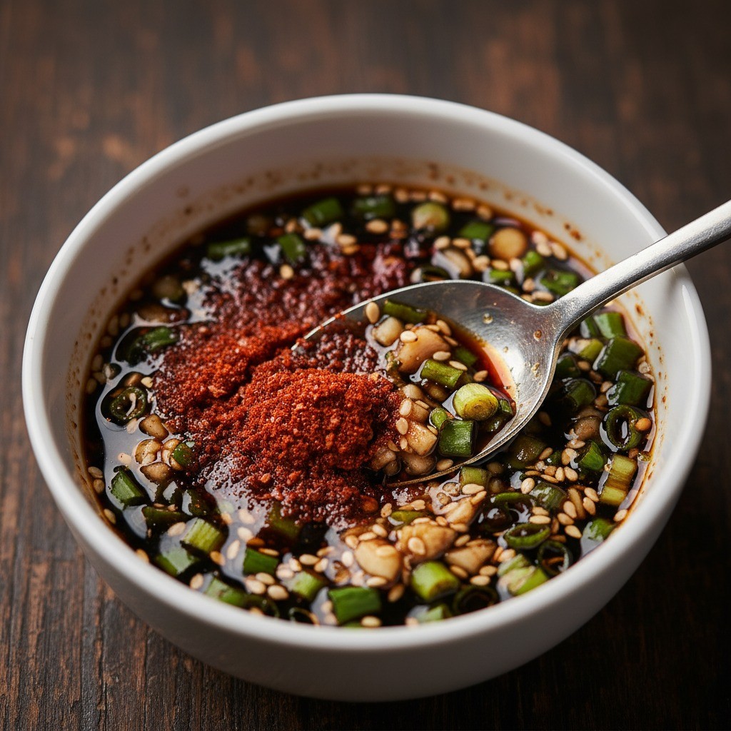 간장, 식초, 파, 마늘, 고춧가루, 깨를 섞어 양념장을 만드는 모습