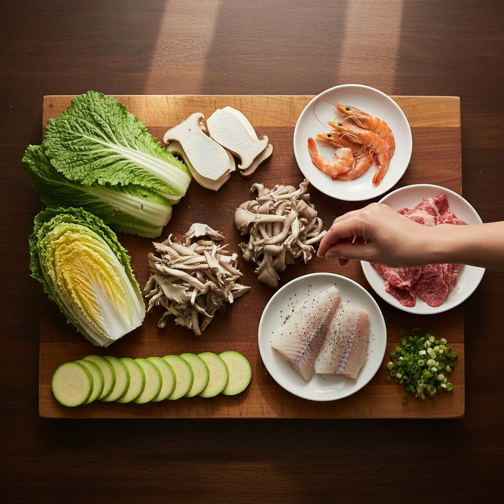 손질된 배추, 버섯, 호박, 밑간된 고기와 생선