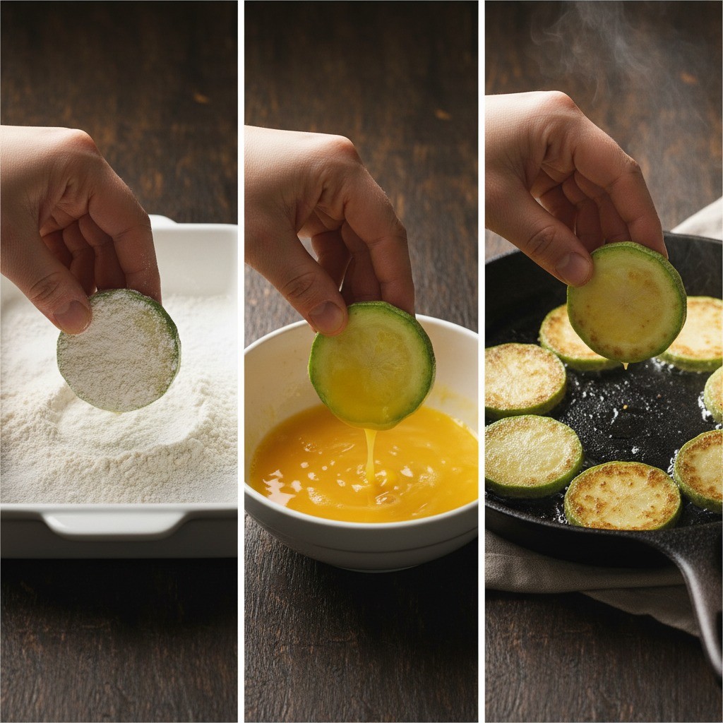 재료를 밀가루에 묻히고 달걀물에 담갔다가 팬에 올리는 순서