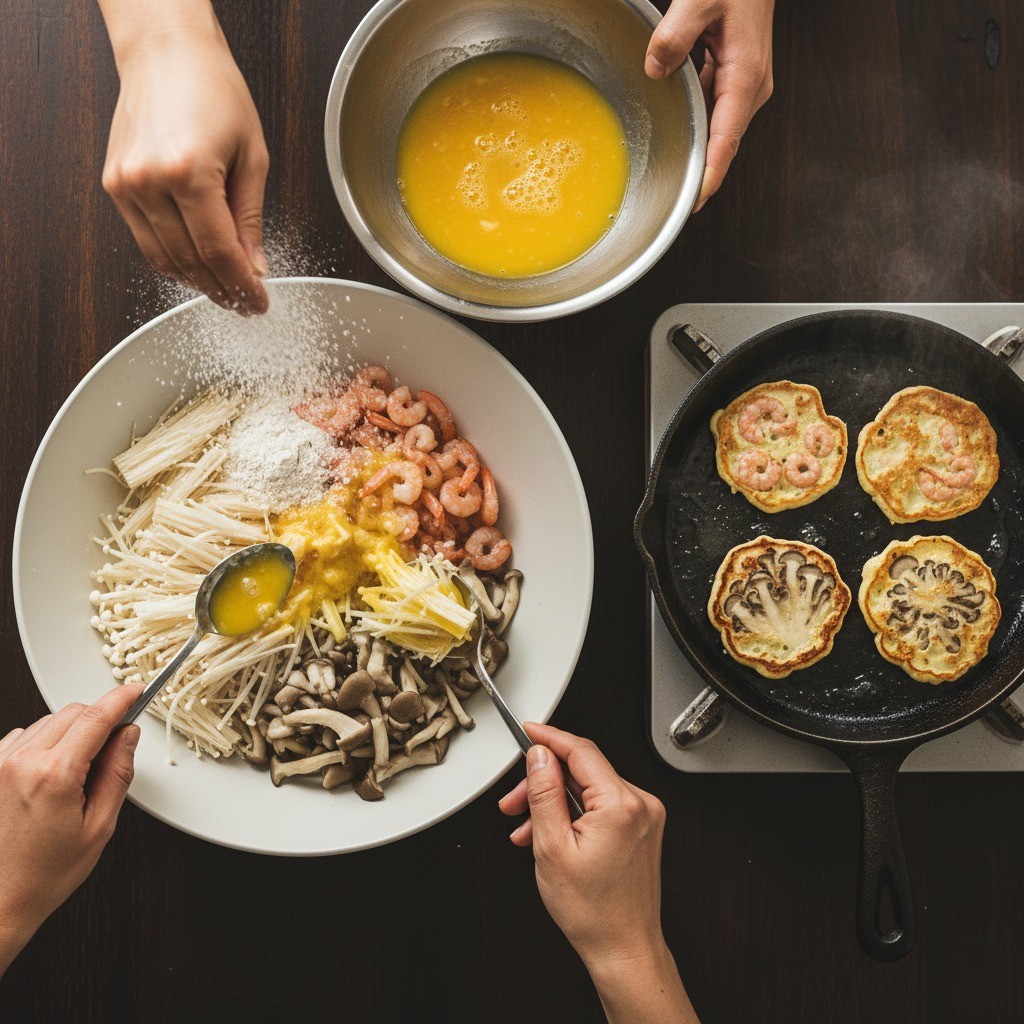 볼에 팽이버섯과 밀가루, 달걀물을 섞어 반죽을 만드는 모습