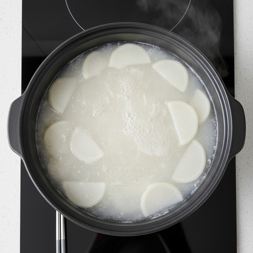 전 찌개 2단계: 냄비에 전 이쁘게 담기