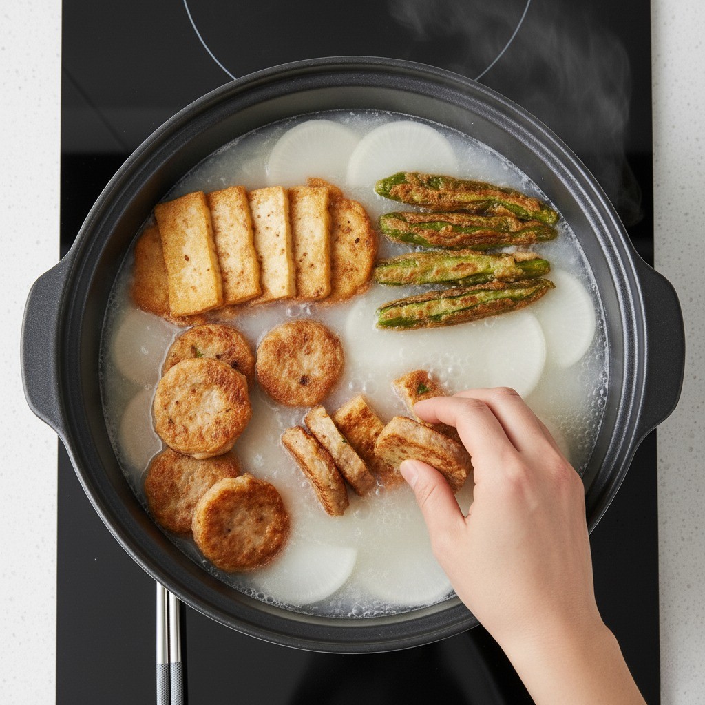 전 찌개 3단계: 양념 올리고 육수 붓기