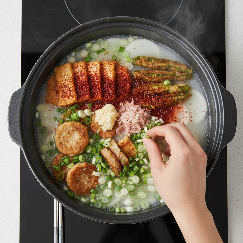 전 찌개 4단계: 약불에서 보글보글 끓이기