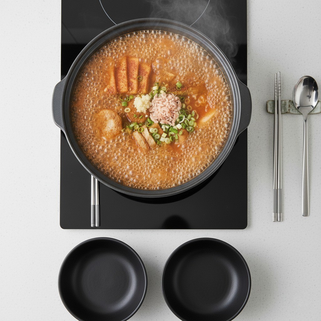 전 찌개 5단계: 테이블 버너에서 끓이며 먹기