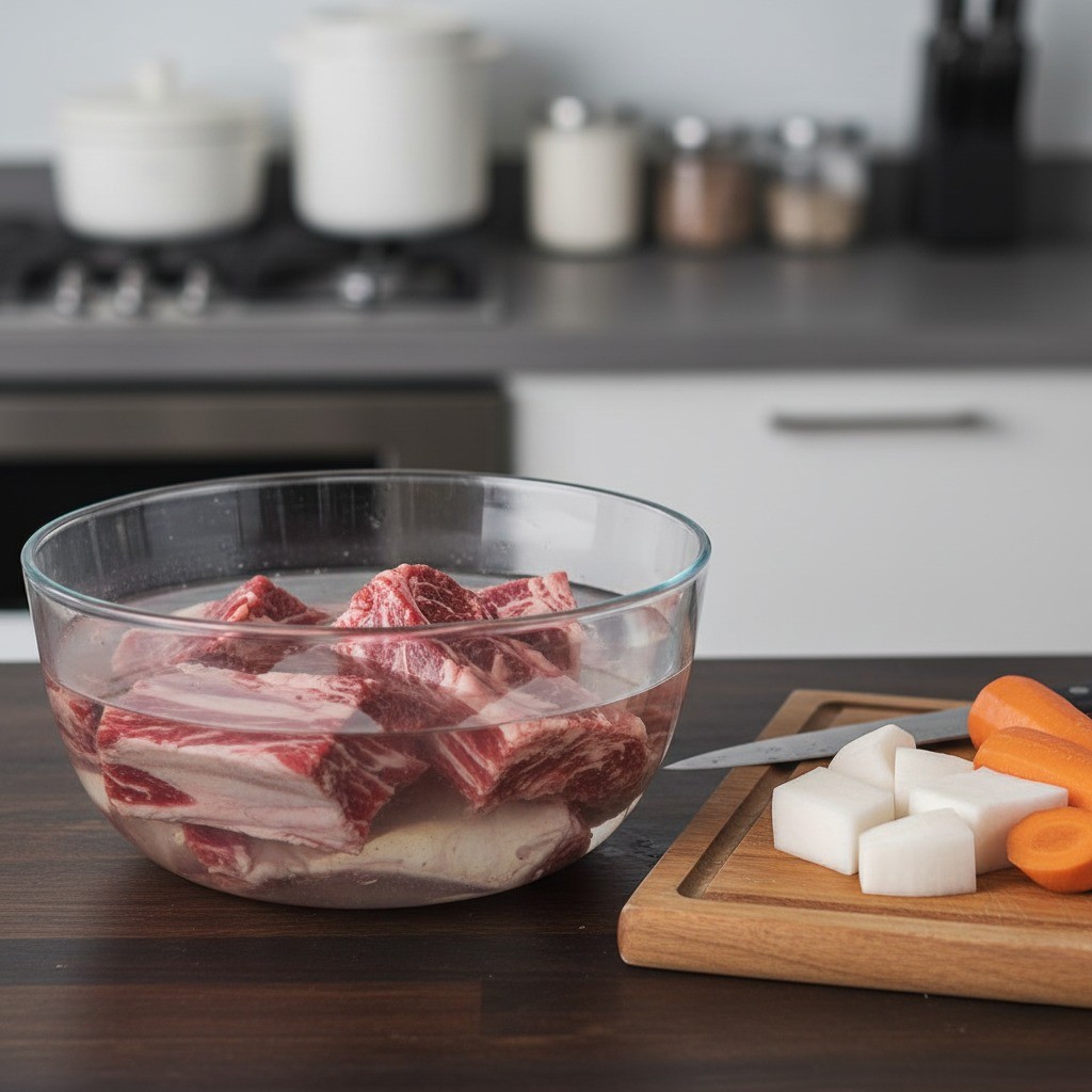 찬물에 핏물 빼는 갈비와 큼직하게 썬 채소들