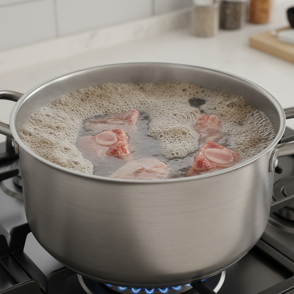 끓는 물에 갈비를 데쳐내고 찬물에 씻는 모습